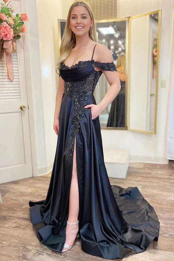 Vestido de fiesta con abertura en forma de A, hombros descubiertos, cuentas y bolsillos